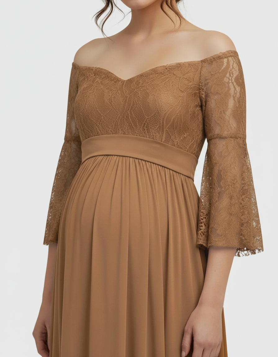 Bump Society – The Comfort Collection: Off-Shoulder Lace Bodice Maternity Photoshoot Dress-Bump Society