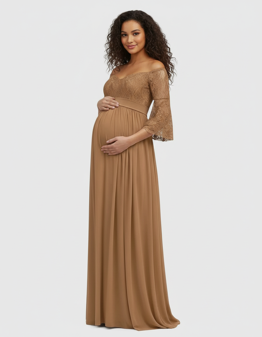 Bump Society – The Comfort Collection: Off-Shoulder Lace Bodice Maternity Photoshoot Dress-Bump Society