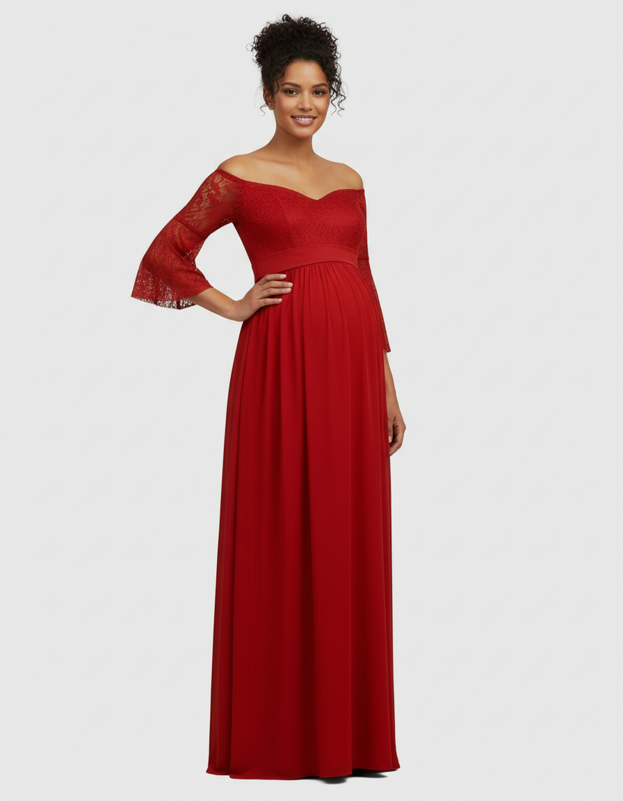 Bump Society – The Comfort Collection: Off-Shoulder Lace Bodice Maternity Photoshoot Dress-Bump Society