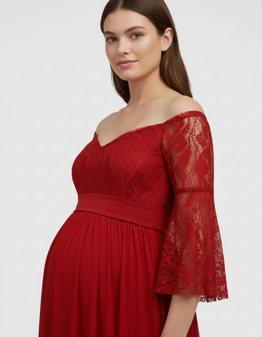 Bump Society – The Comfort Collection: Off-Shoulder Lace Bodice Maternity Photoshoot Dress-Bump Society