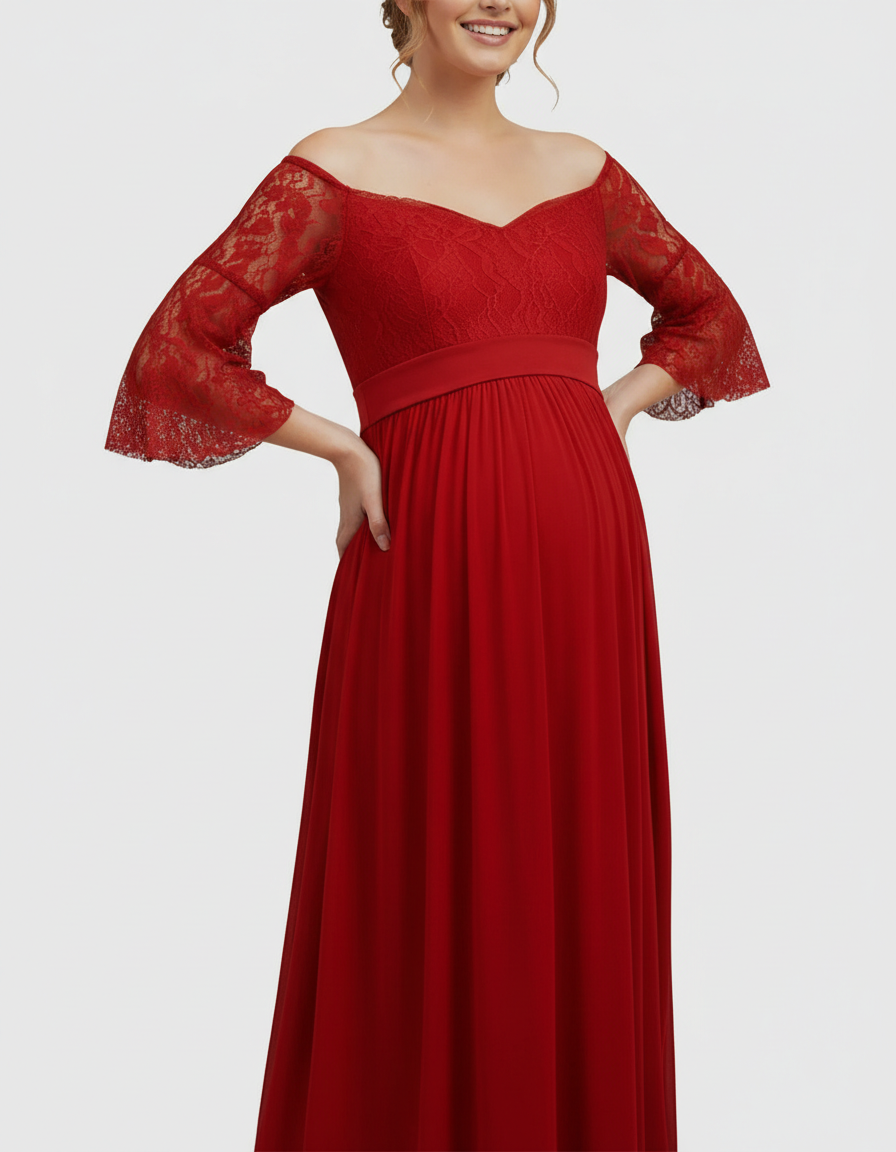 Bump Society – The Comfort Collection: Off-Shoulder Lace Bodice Maternity Photoshoot Dress-Bump Society