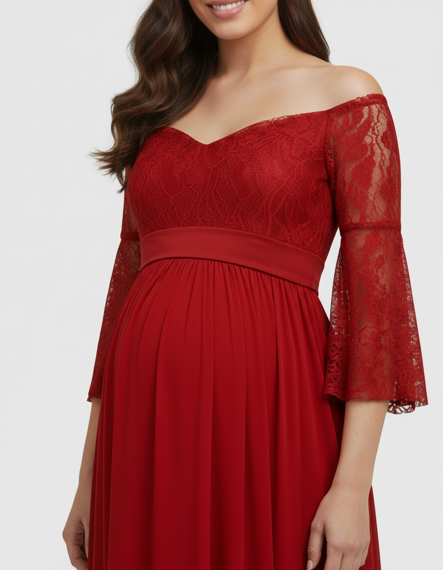 Bump Society – The Comfort Collection: Off-Shoulder Lace Bodice Maternity Photoshoot Dress-Bump Society