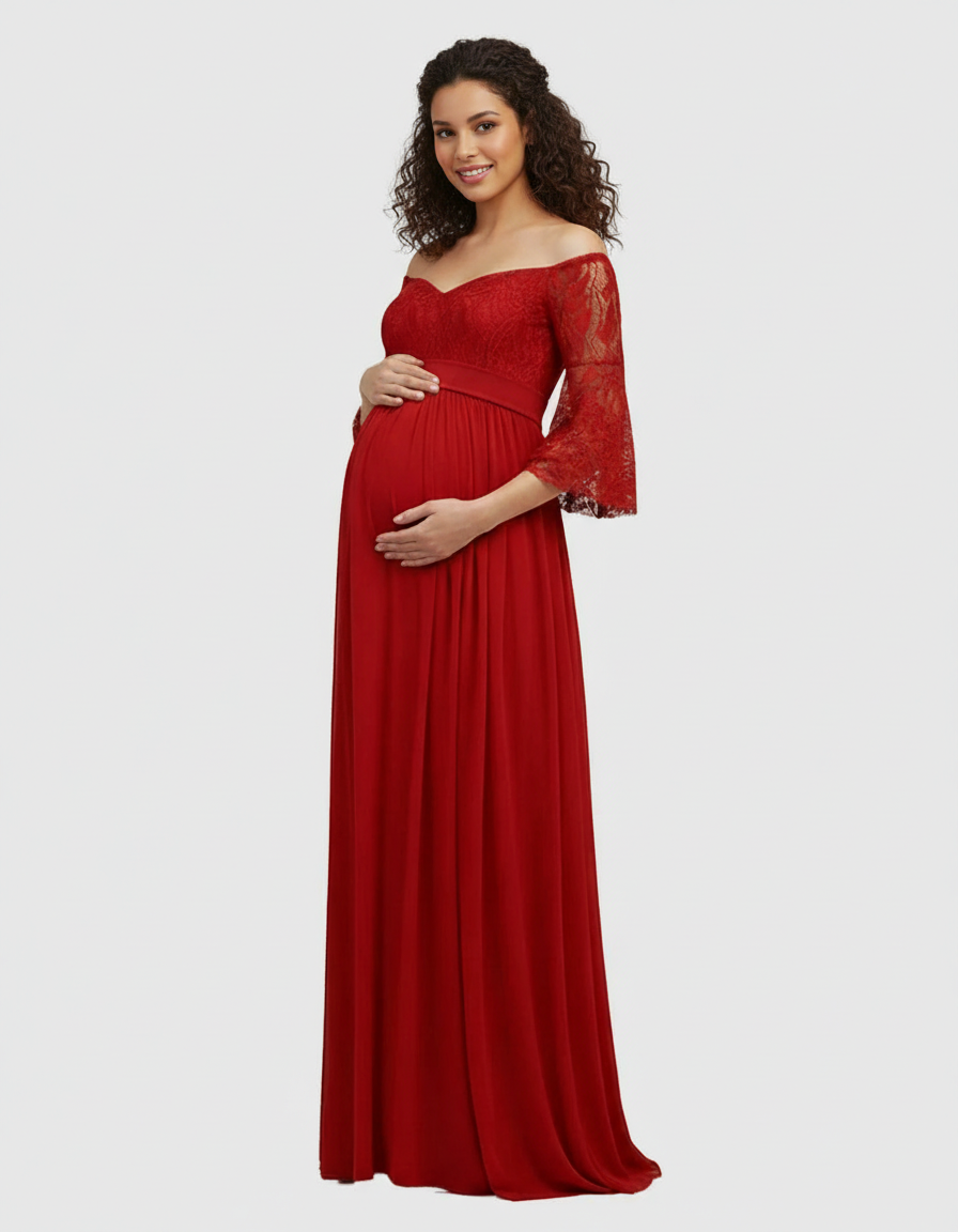 Bump Society – The Comfort Collection: Off-Shoulder Lace Bodice Maternity Photoshoot Dress-Bump Society