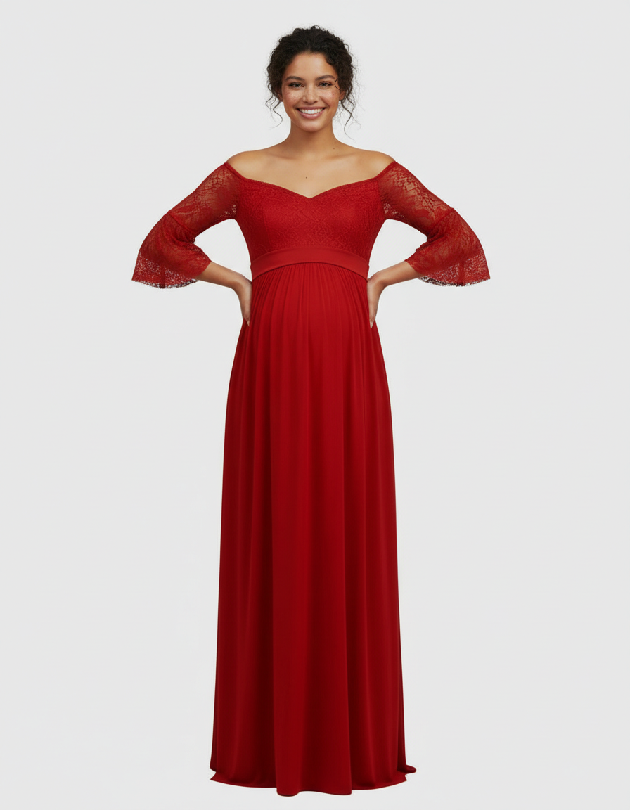 Bump Society – The Comfort Collection: Off-Shoulder Lace Bodice Maternity Photoshoot Dress-Bump Society