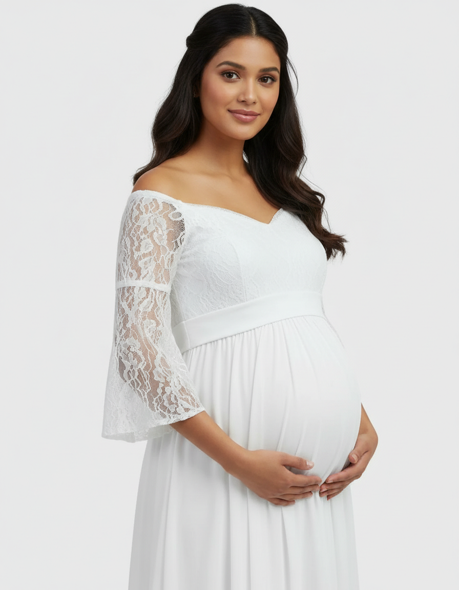 Bump Society – The Comfort Collection: Off-Shoulder Lace Bodice Maternity Photoshoot Dress-Bump Society