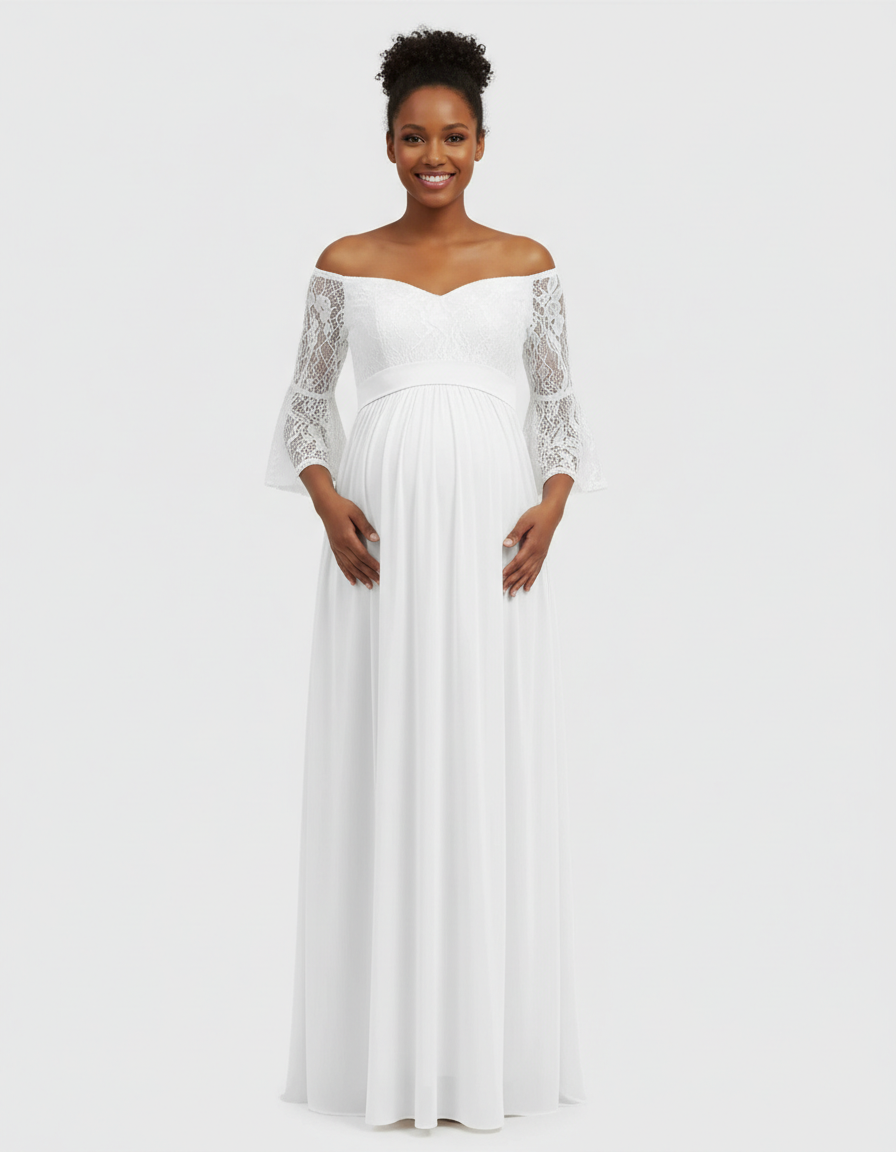 Bump Society – The Comfort Collection: Off-Shoulder Lace Bodice Maternity Photoshoot Dress-Bump Society