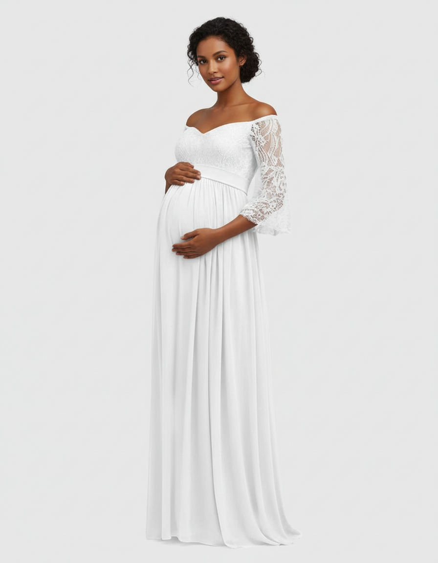 Bump Society – The Comfort Collection: Off-Shoulder Lace Bodice Maternity Photoshoot Dress-Bump Society