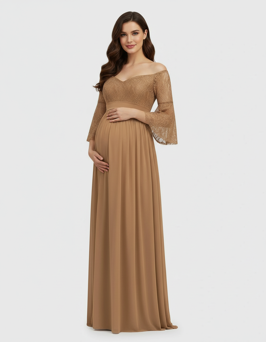 Bump Society – The Comfort Collection: Off-Shoulder Lace Bodice Maternity Photoshoot Dress-Bump Society