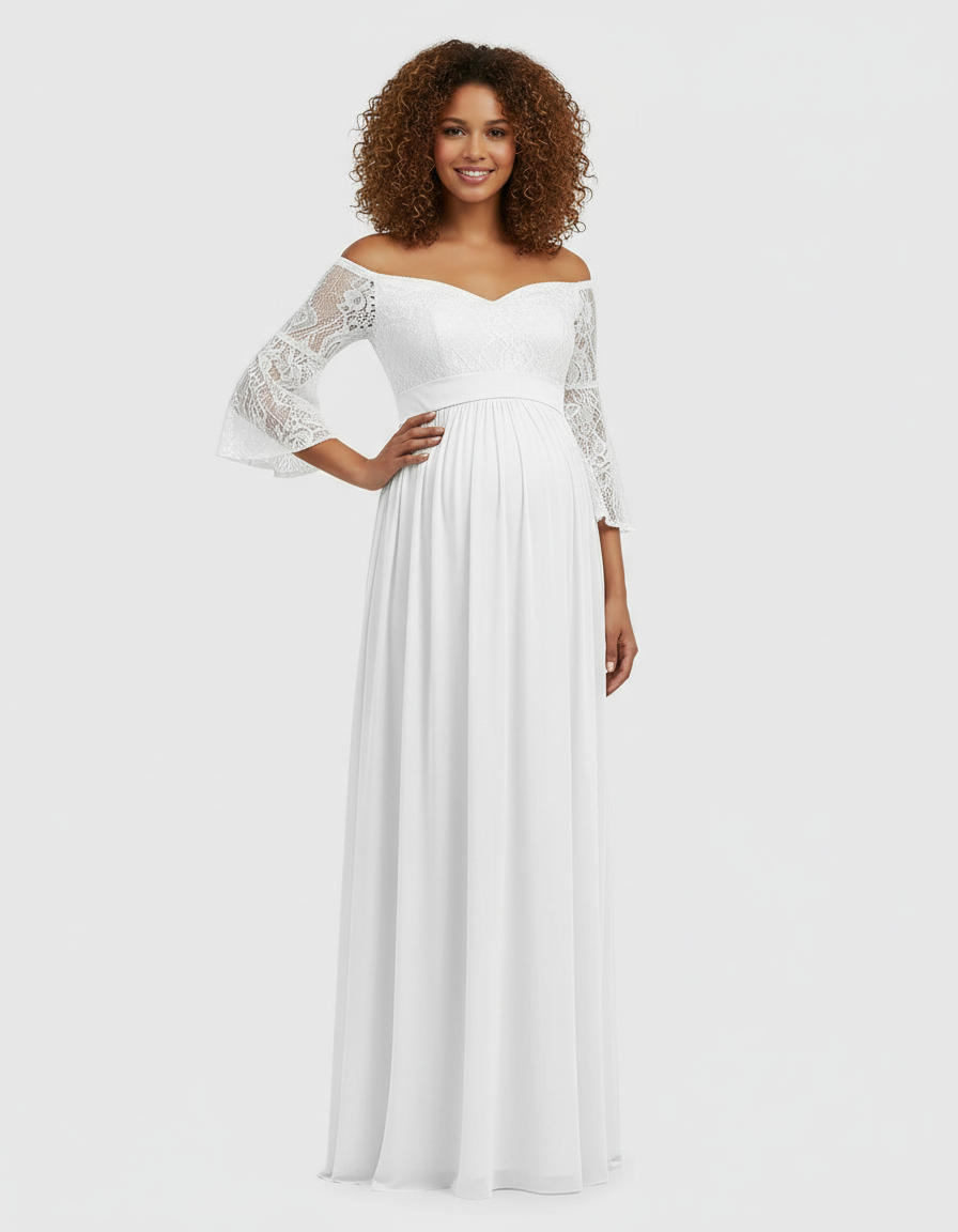Bump Society – The Comfort Collection: Off-Shoulder Lace Bodice Maternity Photoshoot Dress-Bump Society