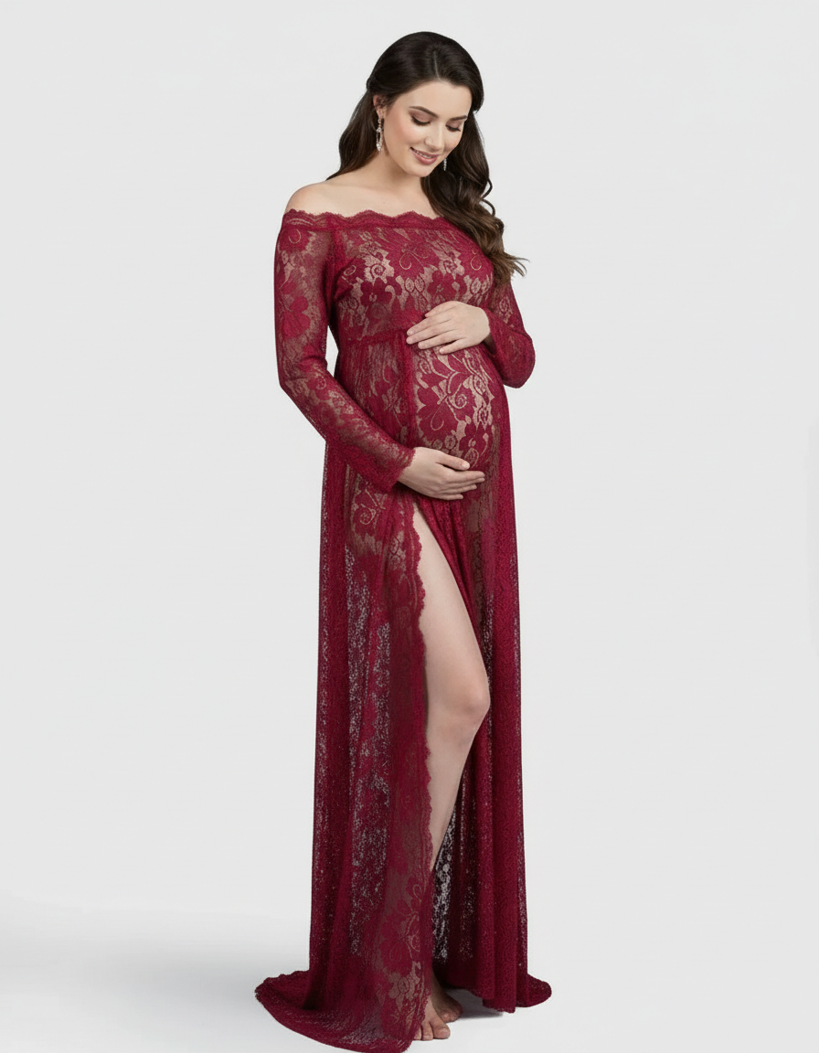 Bump Society – The Comfort Collection: Off-Shoulder Lace Slit Maternity Gown-Bump Society