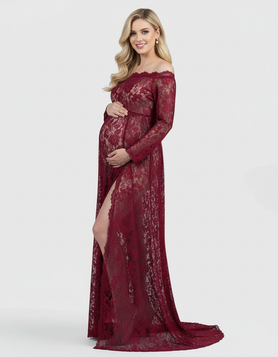 Bump Society – The Comfort Collection: Off-Shoulder Lace Slit Maternity Gown-Bump Society