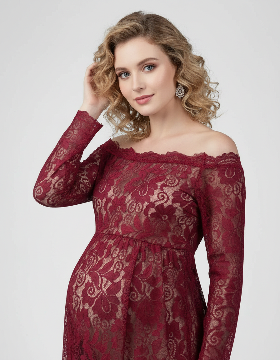 Bump Society – The Comfort Collection: Off-Shoulder Lace Slit Maternity Gown-Bump Society