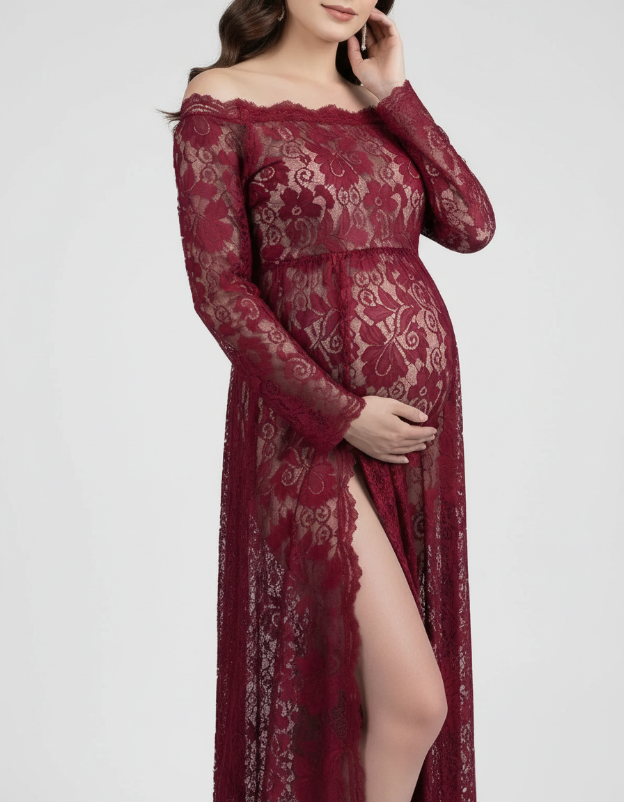 Bump Society – The Comfort Collection: Off-Shoulder Lace Slit Maternity Gown-Bump Society