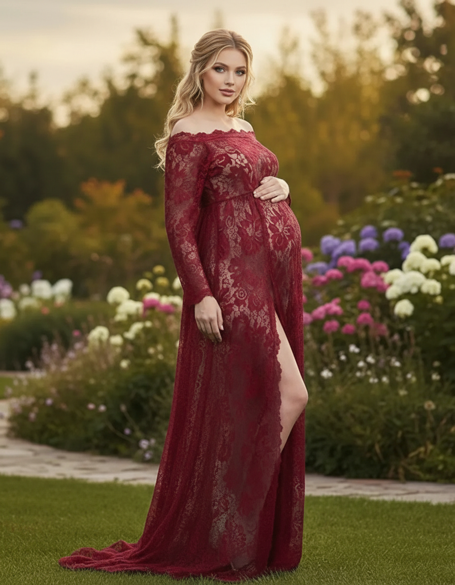 Bump Society – The Comfort Collection: Off-Shoulder Lace Slit Maternity Gown-Bump Society