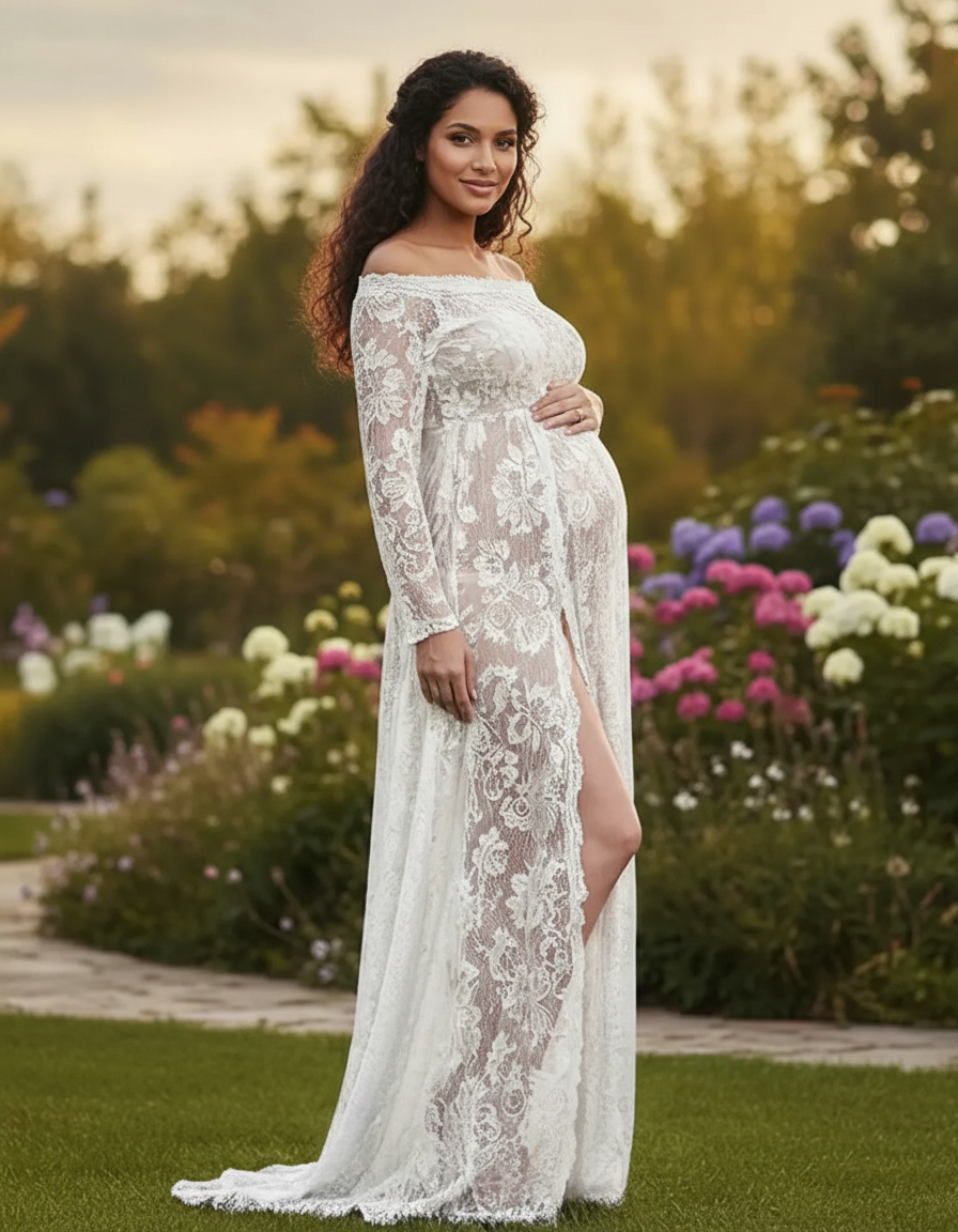 Bump Society – The Comfort Collection: Off-Shoulder Lace Slit Maternity Gown-Bump Society
