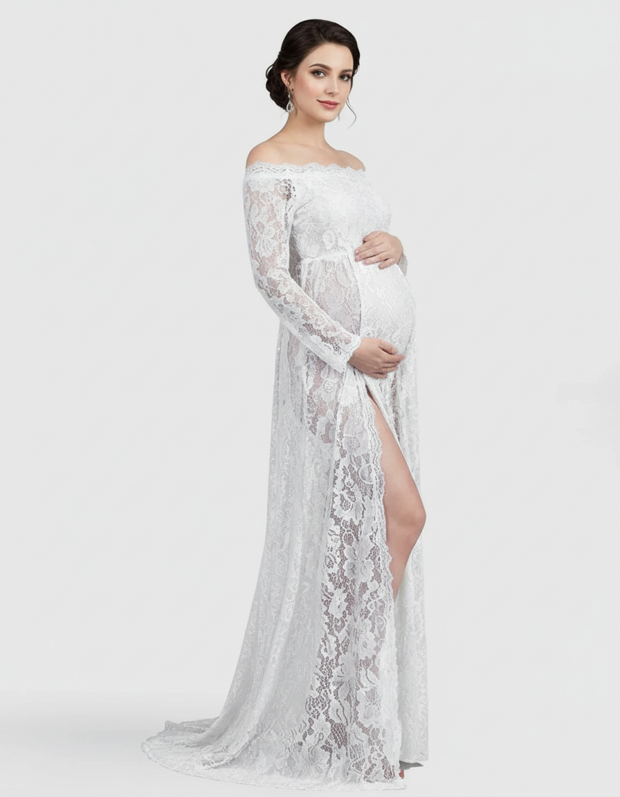 Bump Society – The Comfort Collection: Off-Shoulder Lace Slit Maternity Gown-Bump Society