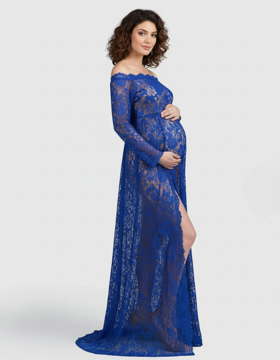 Bump Society – The Comfort Collection: Off-Shoulder Lace Slit Maternity Gown-Bump Society