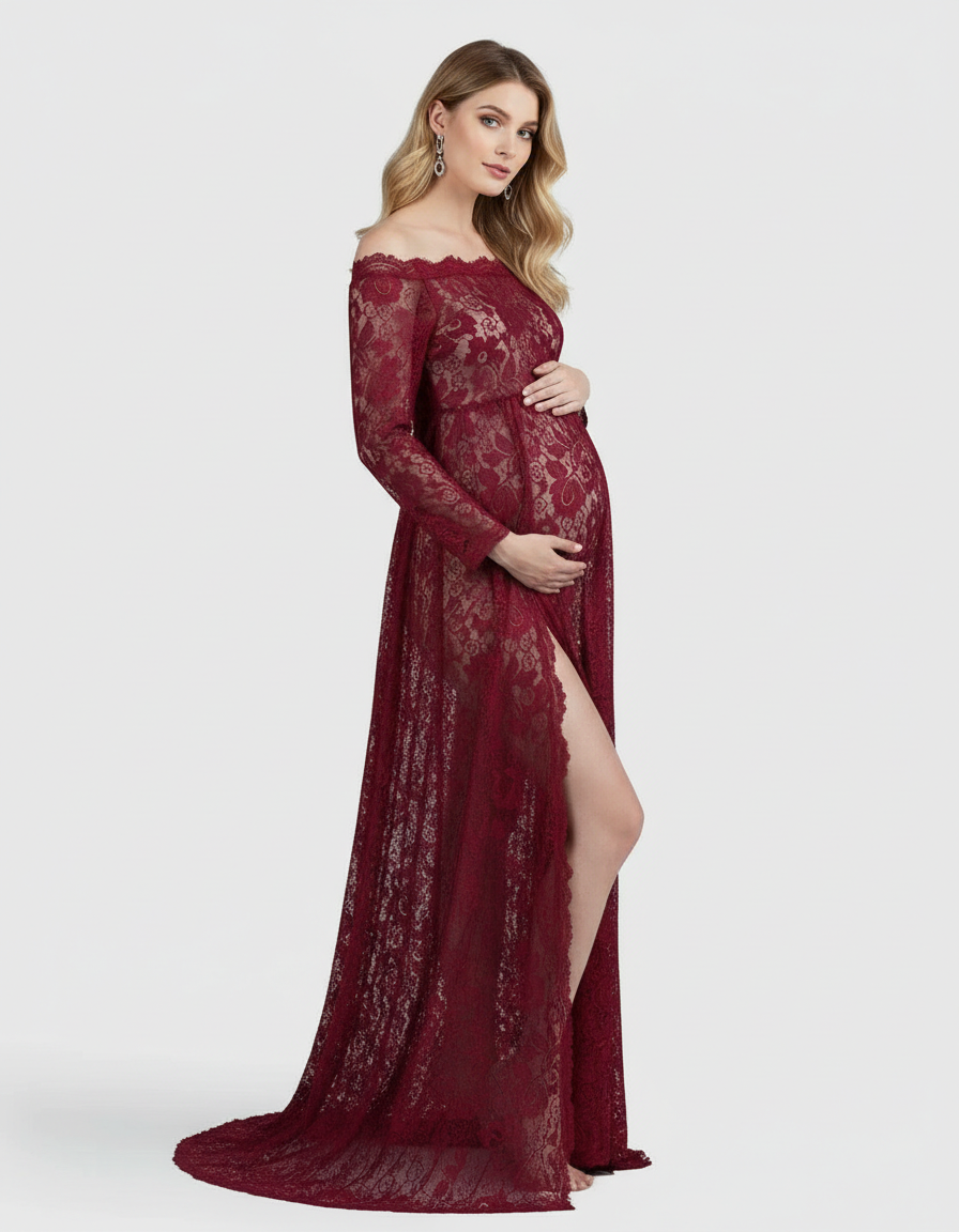 Bump Society – The Comfort Collection: Off-Shoulder Lace Slit Maternity Gown-Bump Society