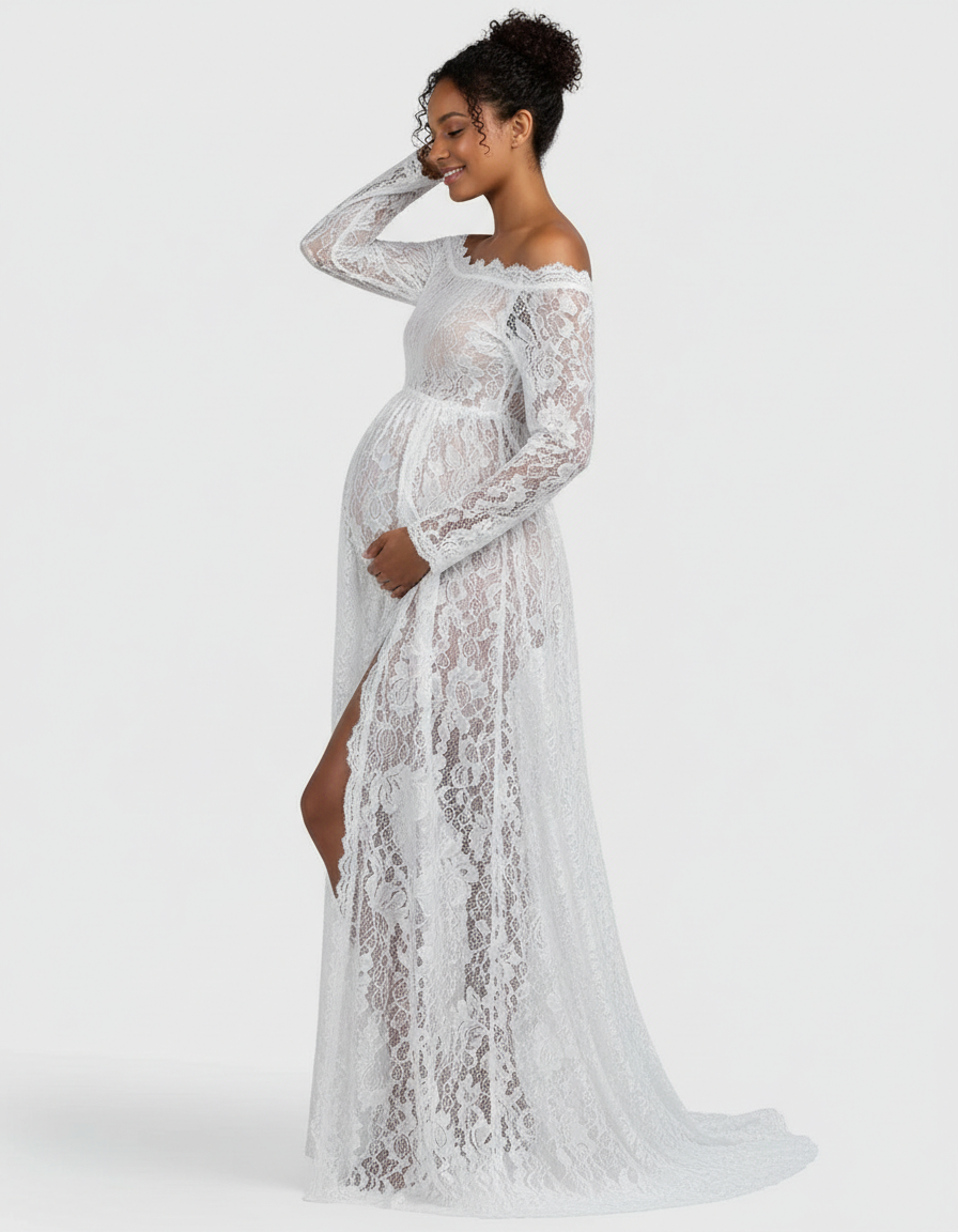 Bump Society – The Comfort Collection: Off-Shoulder Lace Slit Maternity Gown-Bump Society