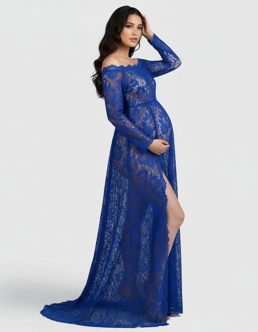 Bump Society – The Comfort Collection: Off-Shoulder Lace Slit Maternity Gown-Bump Society