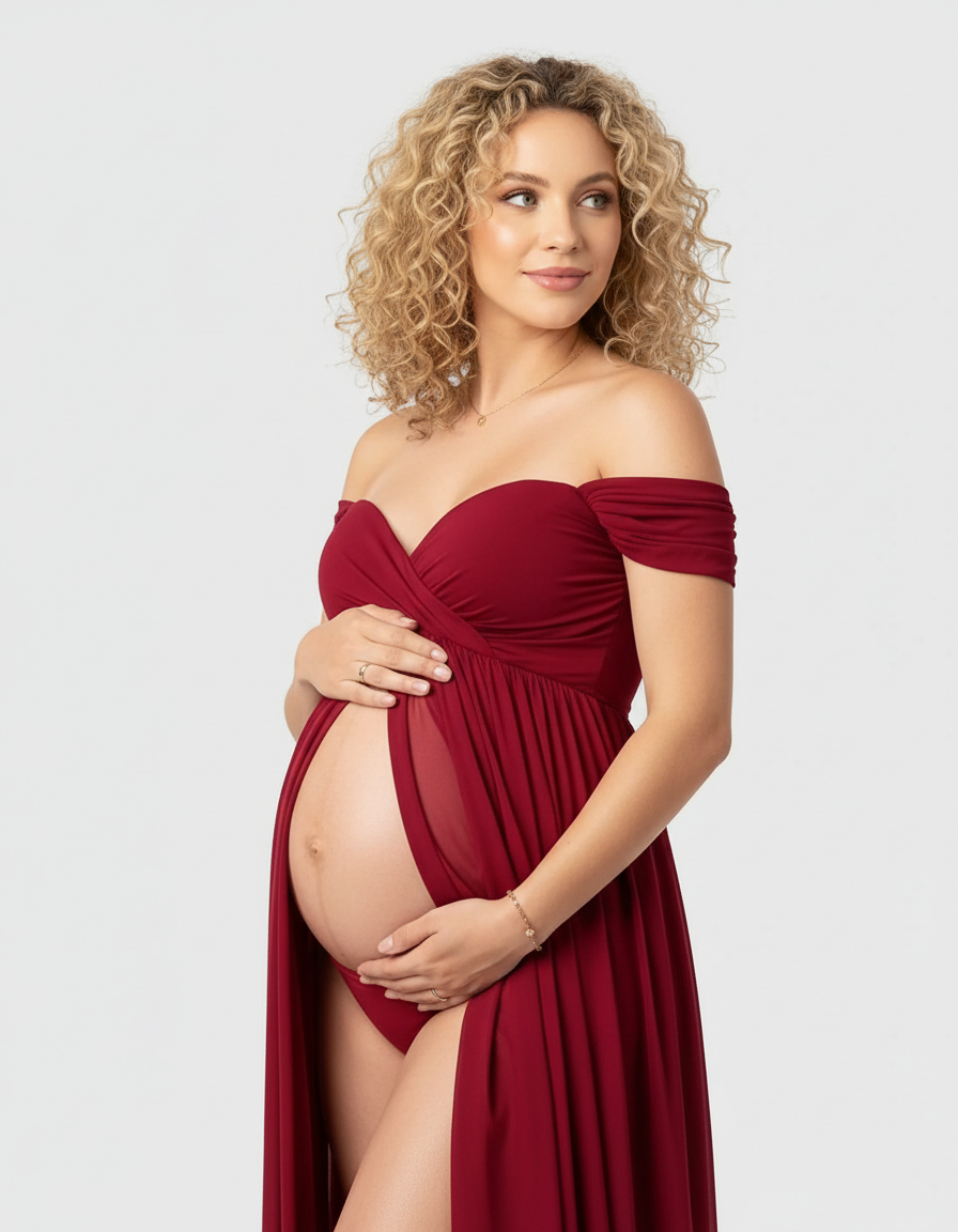 Pregnant woman in a flowing, off-shoulder burgundy maternity maxi dress with a sheer panel.