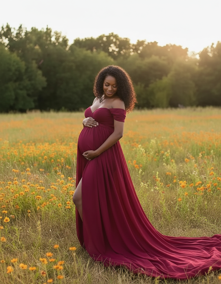 Pregnant woman in a flowing, off-shoulder burgundy maternity maxi dress with a thigh-high slit, in a field of wildflowers.