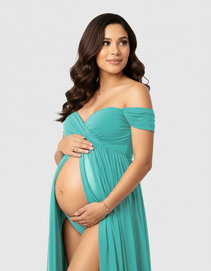 Pregnant woman in a flowing, off-shoulder teal maternity maxi dress with a front slit.