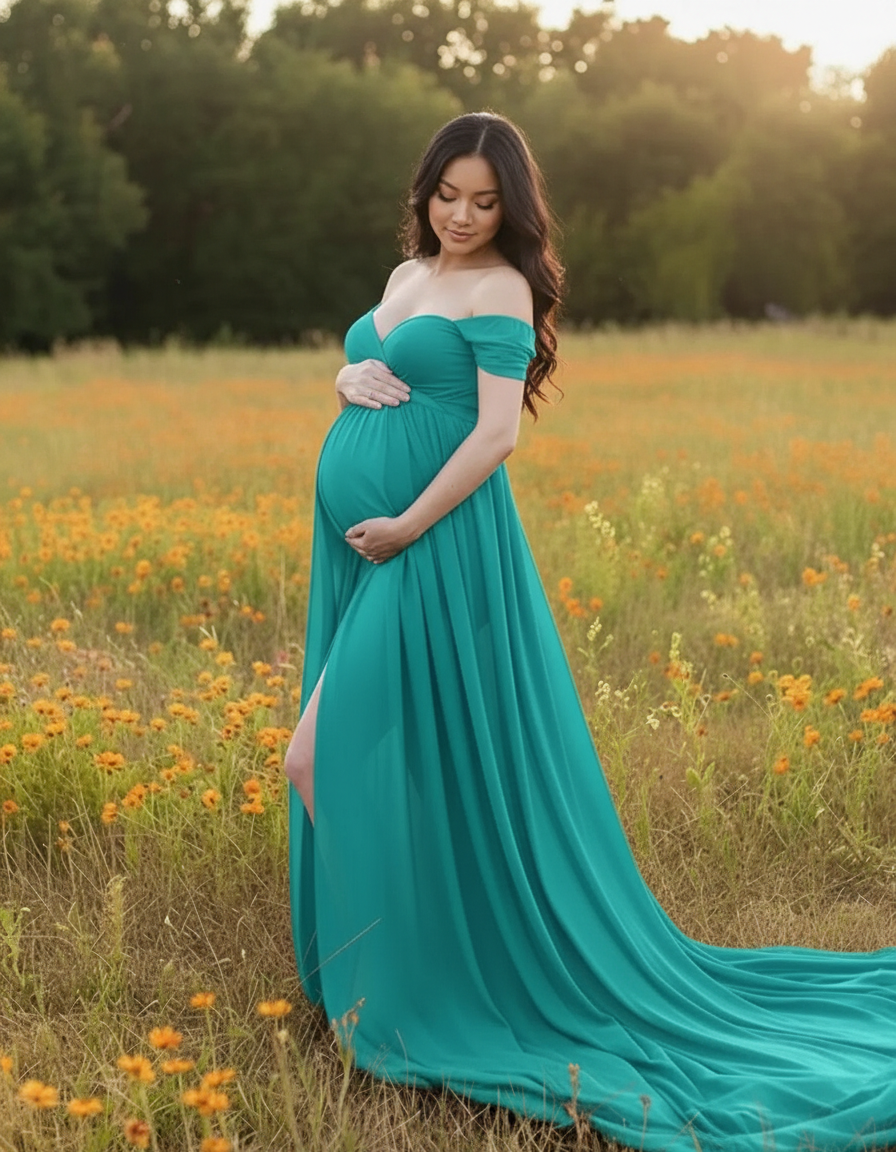 Maternity maxi dress in teal with off-shoulder neckline, flowing skirt, and thigh-high slit, worn by a pregnant woman in a field.