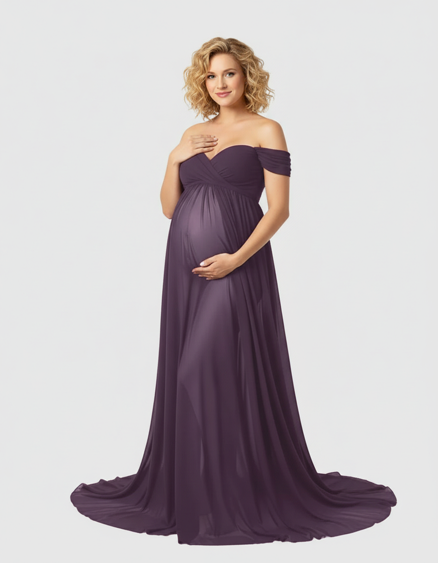 Blonde pregnant woman in a flowing, off-shoulder plum maternity maxi dress with a laced bodice.