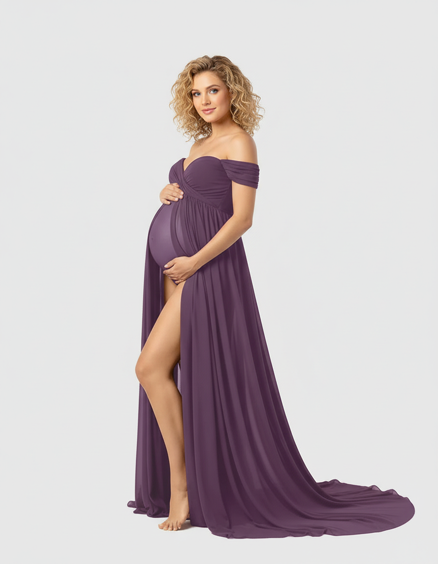 Pregnant woman in a flowing, off-shoulder plum maternity maxi dress with a thigh-high slit.