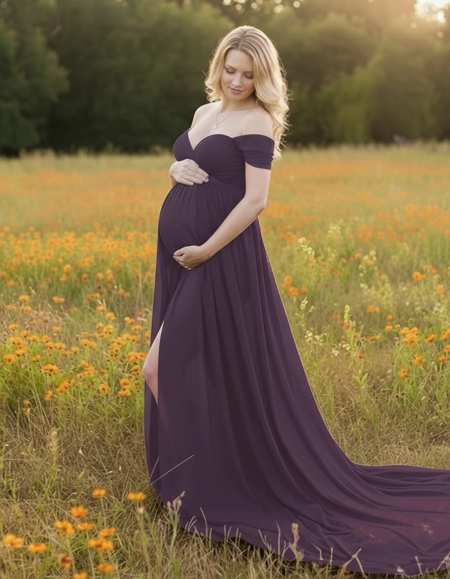 Blonde pregnant woman in a flowing purple off-shoulder maternity maxi dress with a thigh-high slit, standing in a field of orange flowers.