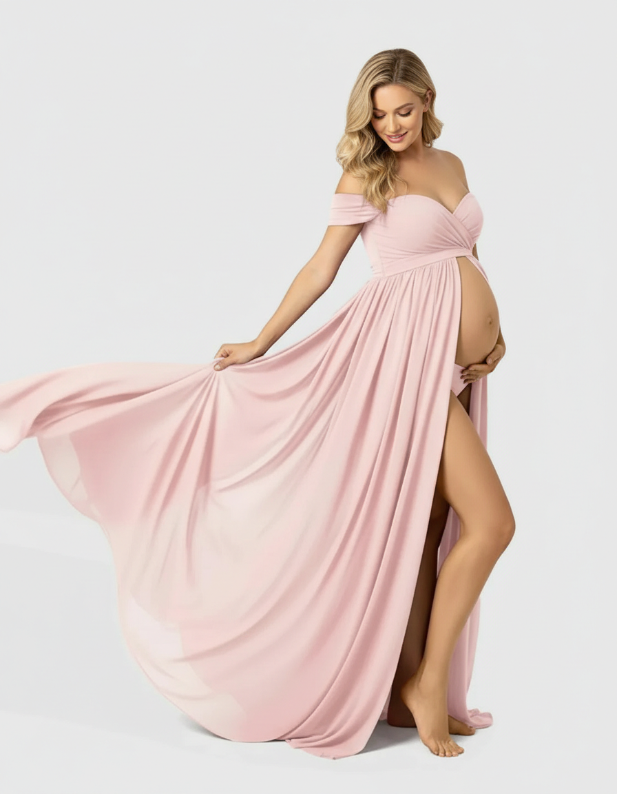 Blonde pregnant woman in a flowing pink off-shoulder maternity maxi dress with a thigh-high slit.