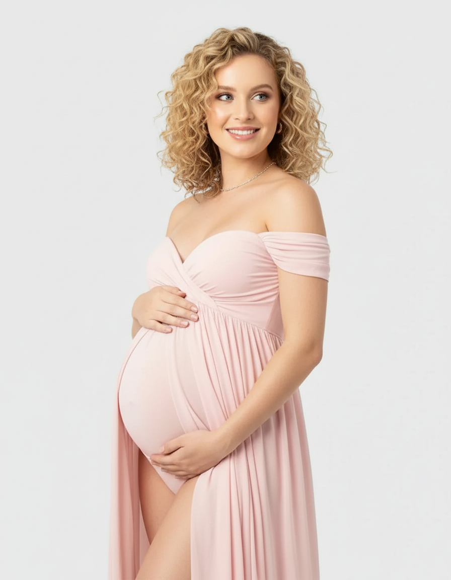 Smiling pregnant woman in a flowing, off-shoulder blush pink maternity maxi dress with a sweetheart neckline.