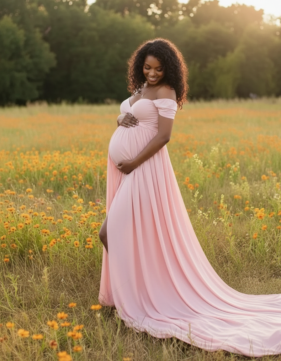 Smiling pregnant woman in a flowing pink off-shoulder laced maternity maxi dress in a field of orange flowers.