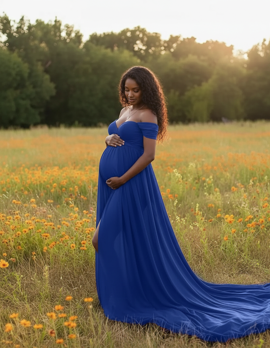 Pregnant woman in a flowing royal blue off-shoulder maternity maxi dress with a thigh-high slit, standing in a field of wildflowers.