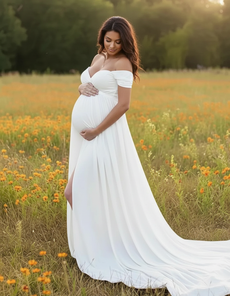 Pregnant woman in a flowing white off-shoulder maternity maxi dress with a thigh slit, standing in a field of orange flowers.
