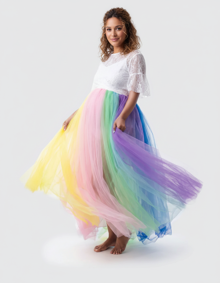 Bump Society – The Comfort Collection: Off-Shoulder Rainbow Tulle Maternity Photoshoot Dress-Bump Society