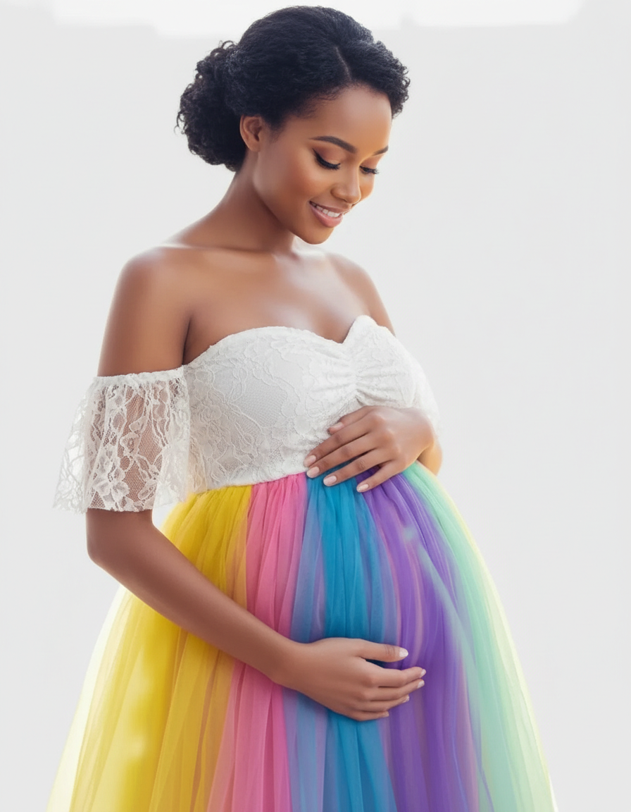 Bump Society – The Comfort Collection: Off-Shoulder Rainbow Tulle Maternity Photoshoot Dress-Bump Society