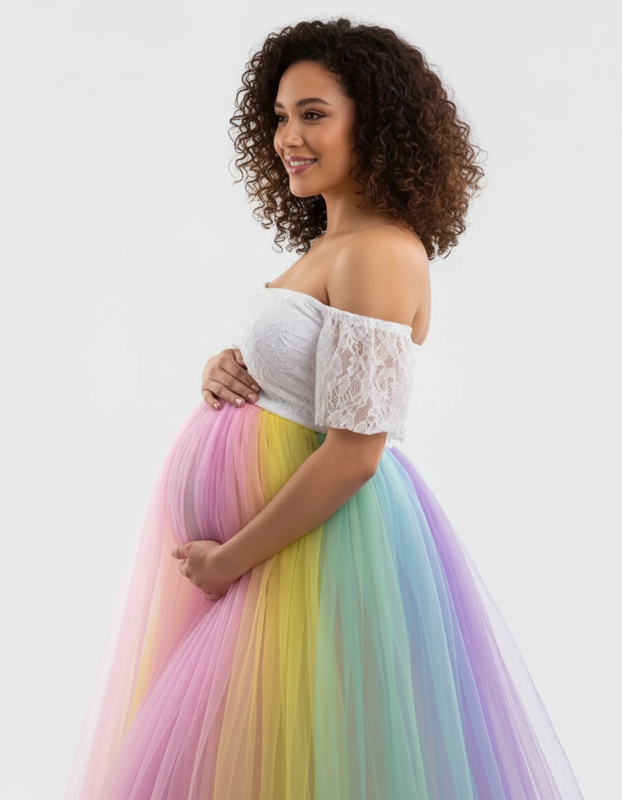 Bump Society – The Comfort Collection: Off-Shoulder Rainbow Tulle Maternity Photoshoot Dress-Bump Society