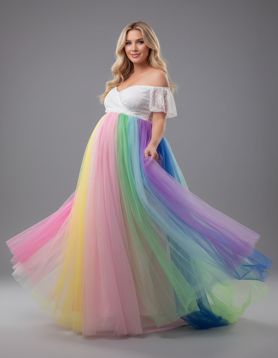 Bump Society – The Comfort Collection: Off-Shoulder Rainbow Tulle Maternity Photoshoot Dress-Bump Society