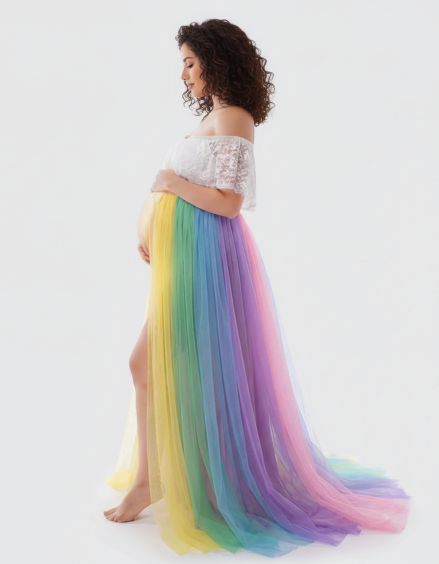 Bump Society – The Comfort Collection: Off-Shoulder Rainbow Tulle Maternity Photoshoot Dress-Bump Society