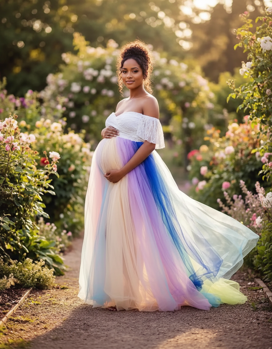 Bump Society – The Comfort Collection: Off-Shoulder Rainbow Tulle Maternity Photoshoot Dress-Bump Society