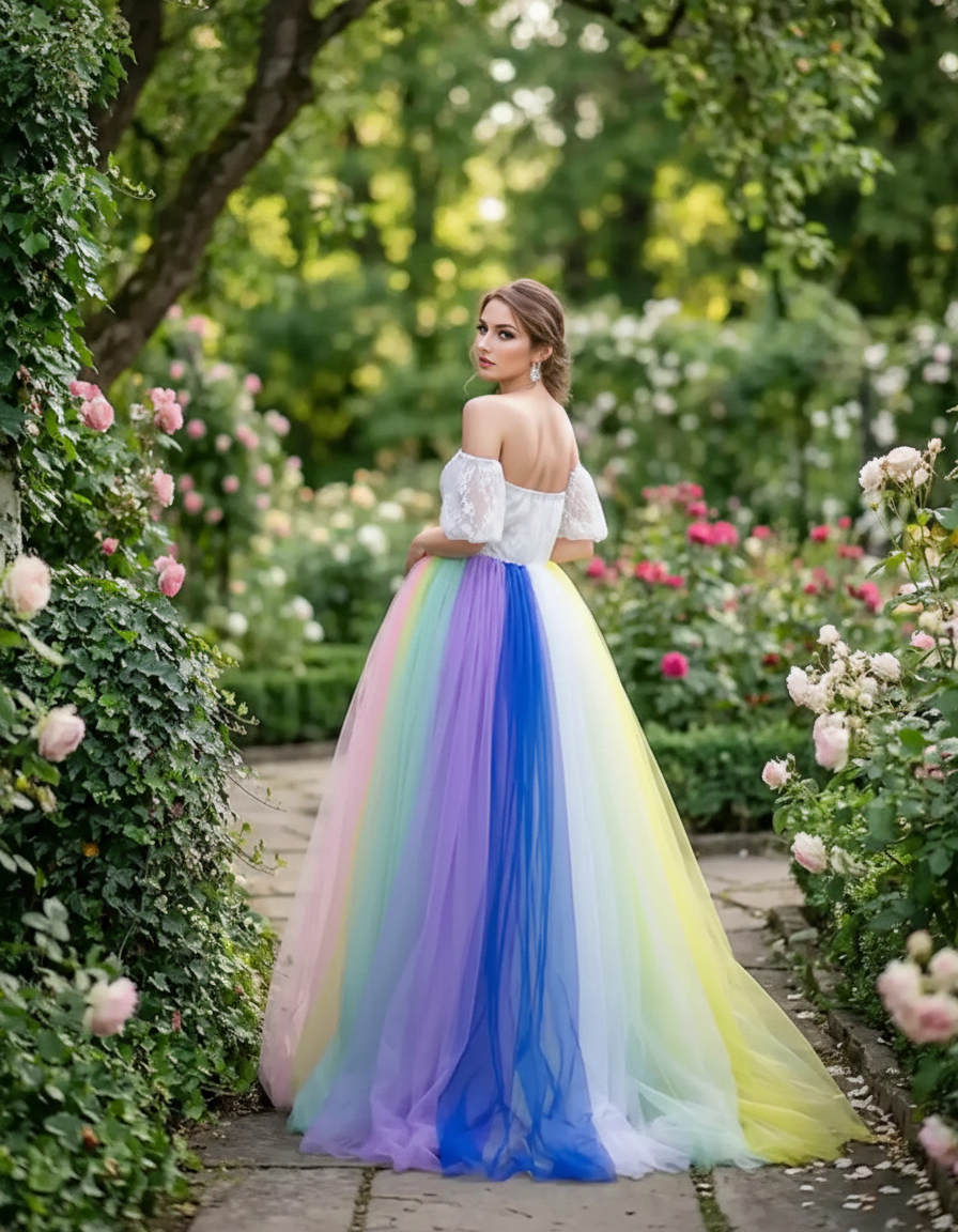 Bump Society – The Comfort Collection: Off-Shoulder Rainbow Tulle Maternity Photoshoot Dress-Bump Society