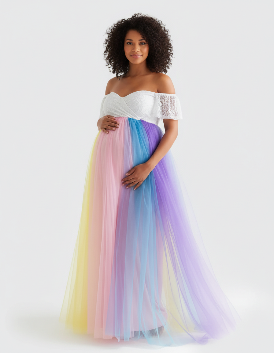 Bump Society – The Comfort Collection: Off-Shoulder Rainbow Tulle Maternity Photoshoot Dress-Bump Society