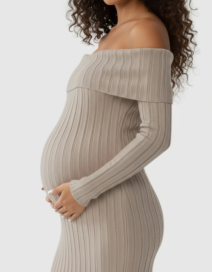 Pregnant woman in a beige off-shoulder ribbed knit maternity midi dress, cradling her bump.