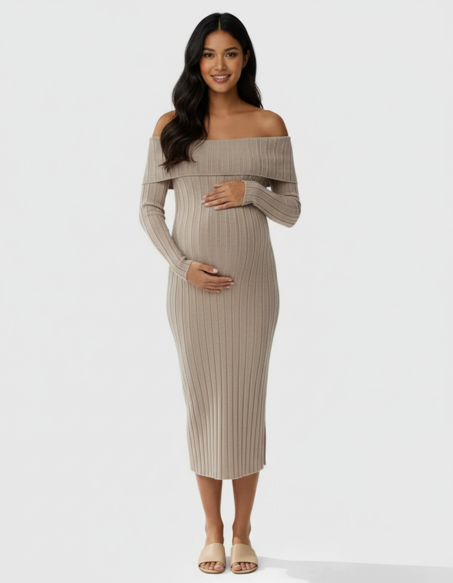 Smiling pregnant woman in a beige off-shoulder ribbed knit maternity midi dress, hands on belly.
