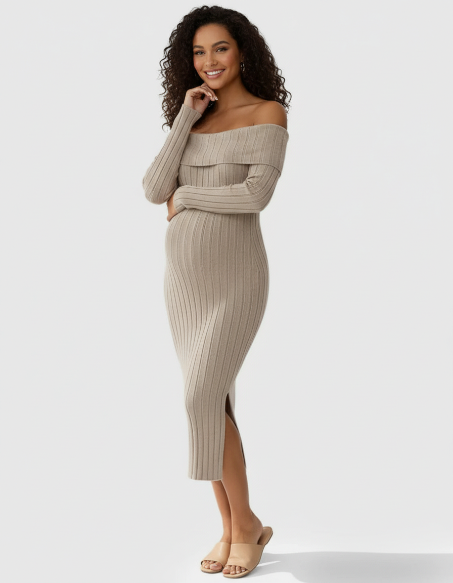 Smiling pregnant woman in a beige off-shoulder ribbed knit maternity midi dress with a side slit.