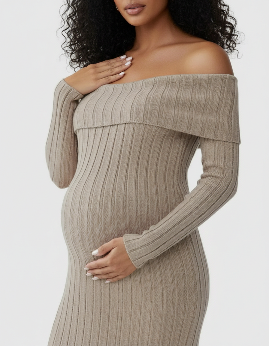 Maternity midi dress: beige, off-shoulder, ribbed knit, long-sleeved, worn by a pregnant woman.