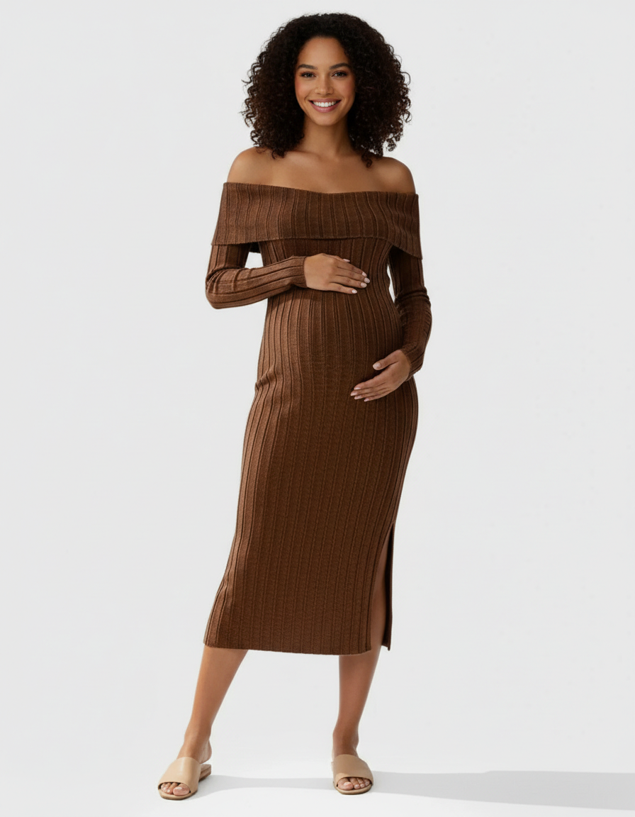 Smiling pregnant woman in a brown off-shoulder ribbed knit maternity midi dress with a side slit.