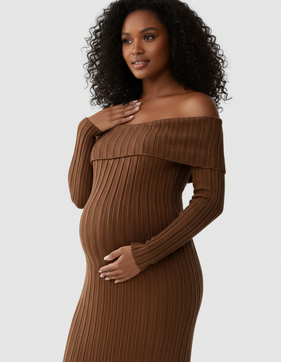 Pregnant woman in a brown off-shoulder ribbed knit maternity midi dress, gently touching her belly.